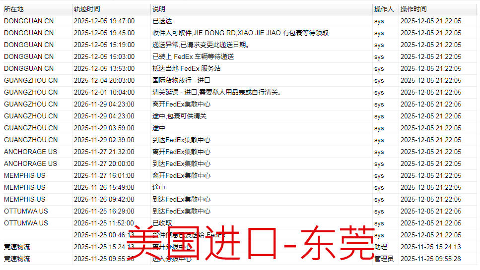 美国进口到东莞